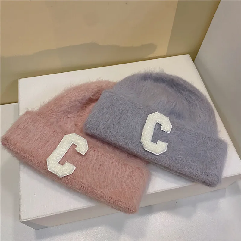 Плюшевая Шапка-бини, модная пушистая Длинная зимняя шапка из кроличьего меха, Женская плюшевая шапка с буквенным носком, вязаная теплая Шапка-бини