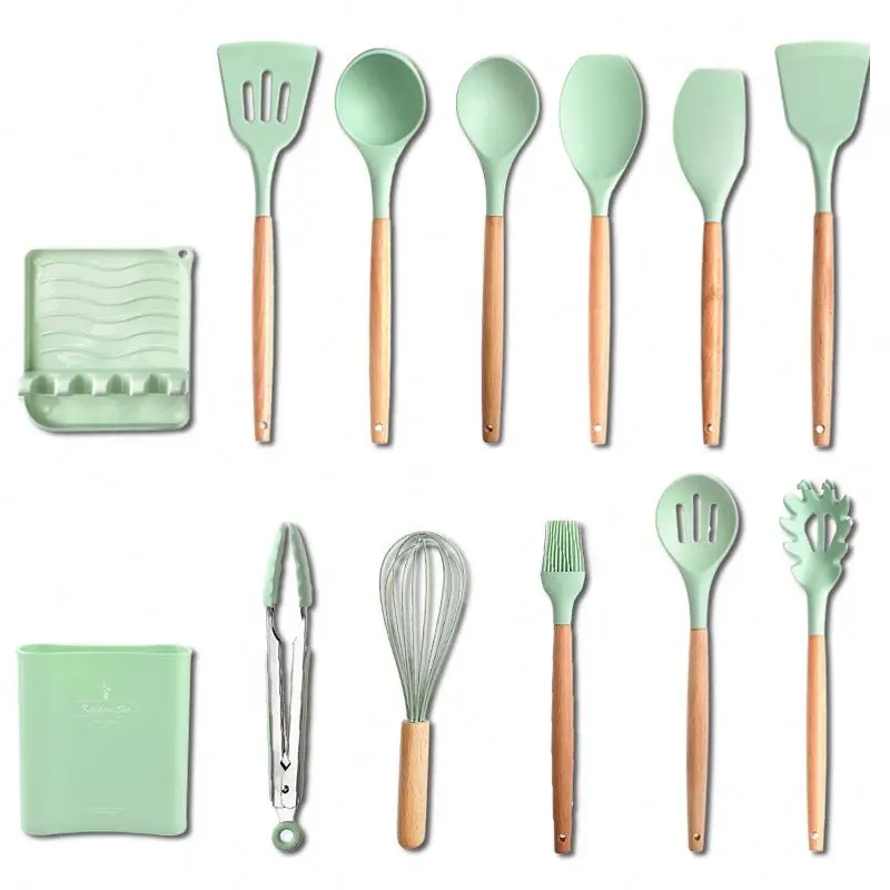 Кухонная утварь Cocina многофункциональный набор кухонной утвари с деревянной ручкой силиконовые кухонные инструменты подставкой для ложки и пластиковым ведром