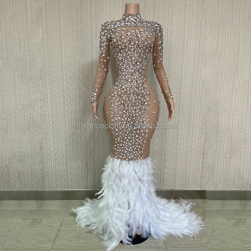 Novance Y2222 Robe Pour Femme 2022 Bling Crystal Diamond Evening Gowns White Feather And Beaded Dress For Club Party Celebrity