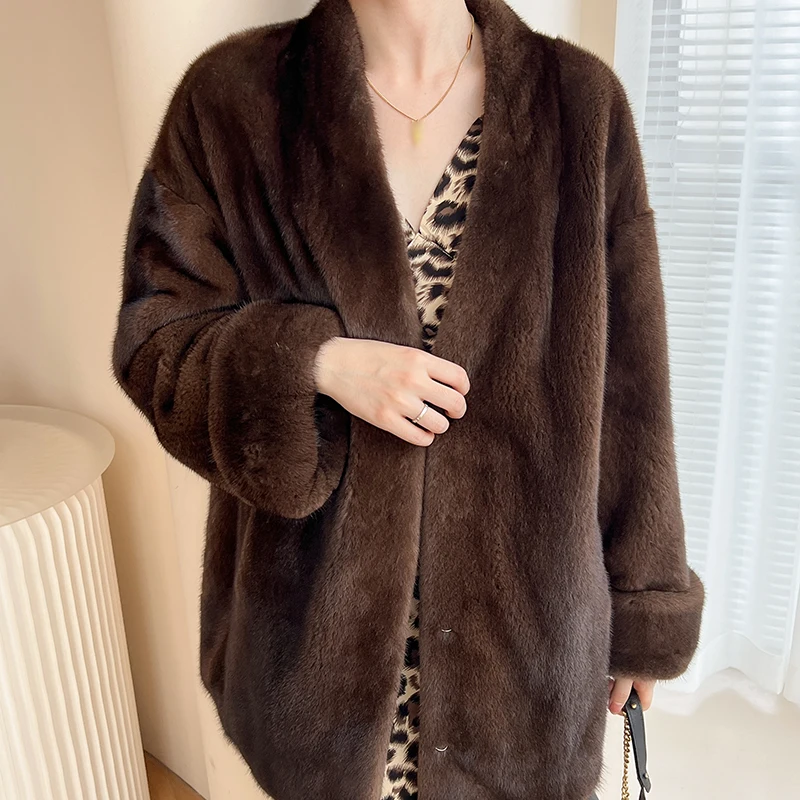 Winter Mid Length V Neck Long Sleeves Solid Color Fashionable Luxury Real Mink Fur Coat Women