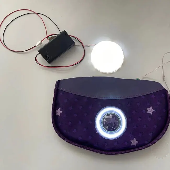 Fashion customized circle panel led light for schoolbag, bright led strip for bag
