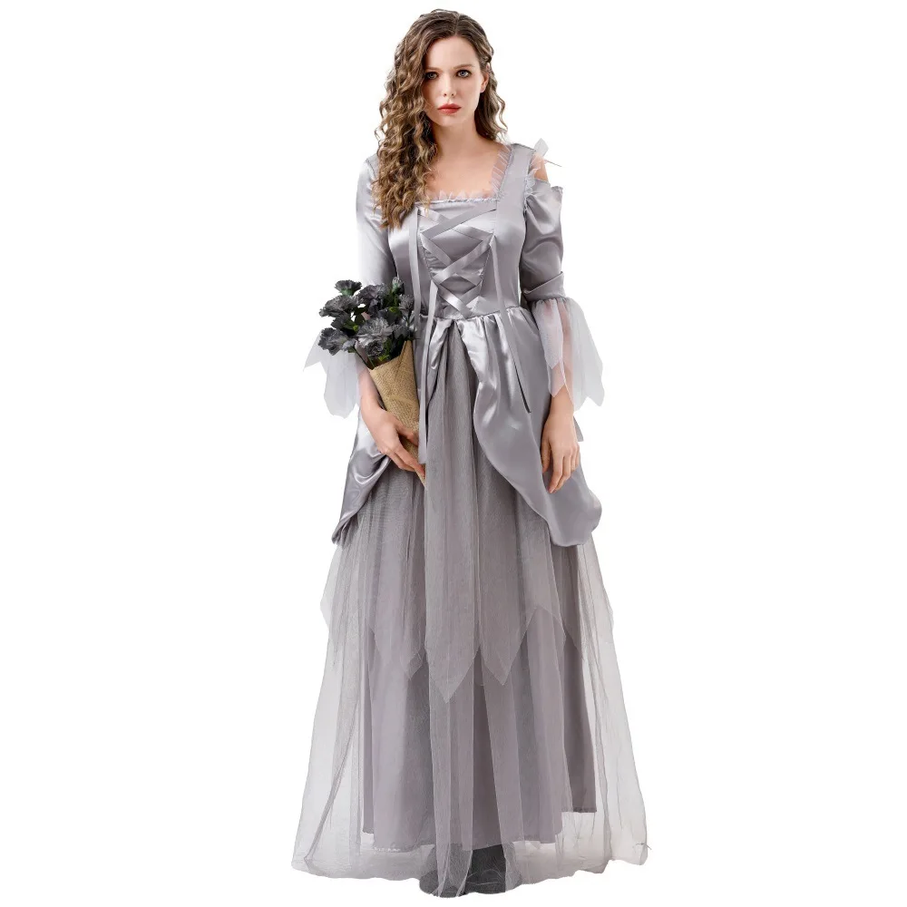 Women Halloween Cosplay Horror Night Party Garden Event Ball Black Grey Lace Poncho Skirt Long Dance Dress