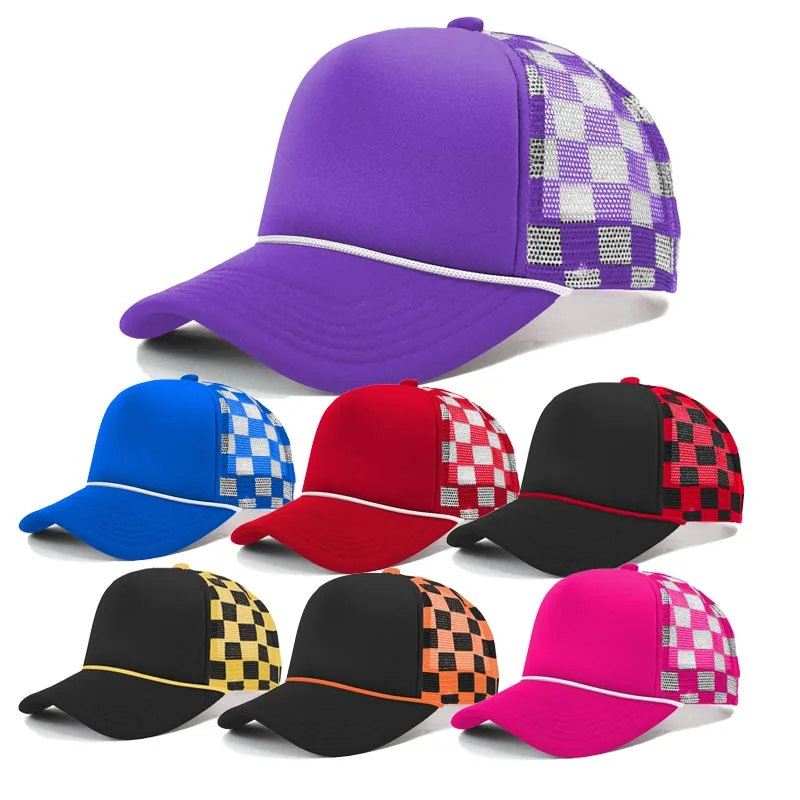 HN0002R 5 panel instock custom logo women men outdoor sports cap rope foam mesh checkered trucker hat