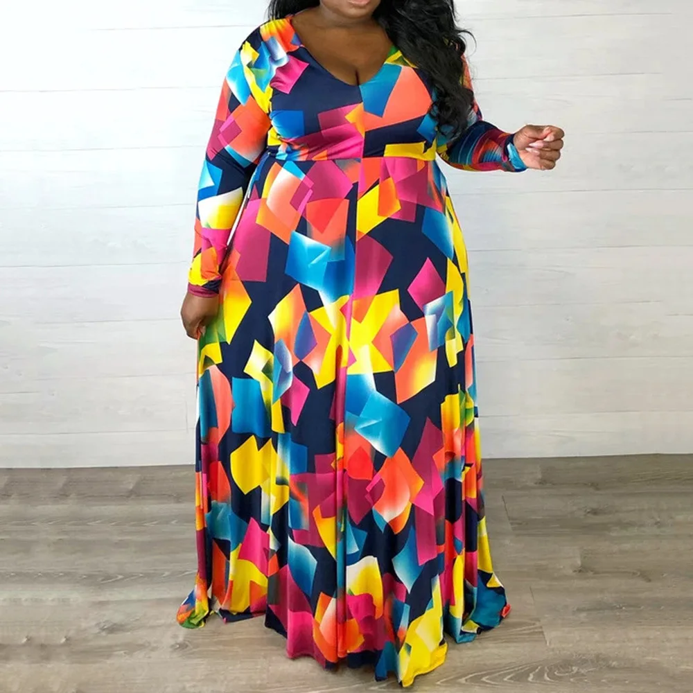 Hot Selling Dress Lady Plus Size Colorful Printed Long Sleeve Sexy V Neck Wrap Dress African Clothing Plus Size Dresses Summer