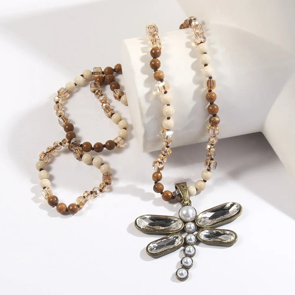 Tribal Jewelry Gemstone lava Necklace 6mm map stone Knotted Pearl Crystal Dragonfly Pendant Necklace