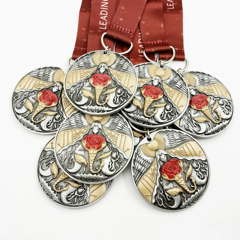 
Medal Factory Antique Silver and Satin Gold Plated Custom Made Metal Sports 3D Award Medals with Strip 