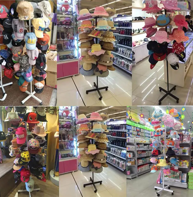 Factory customized 5 Layers Movable wheeled Rotating floor stand Supermarket store hat cap iron display rack