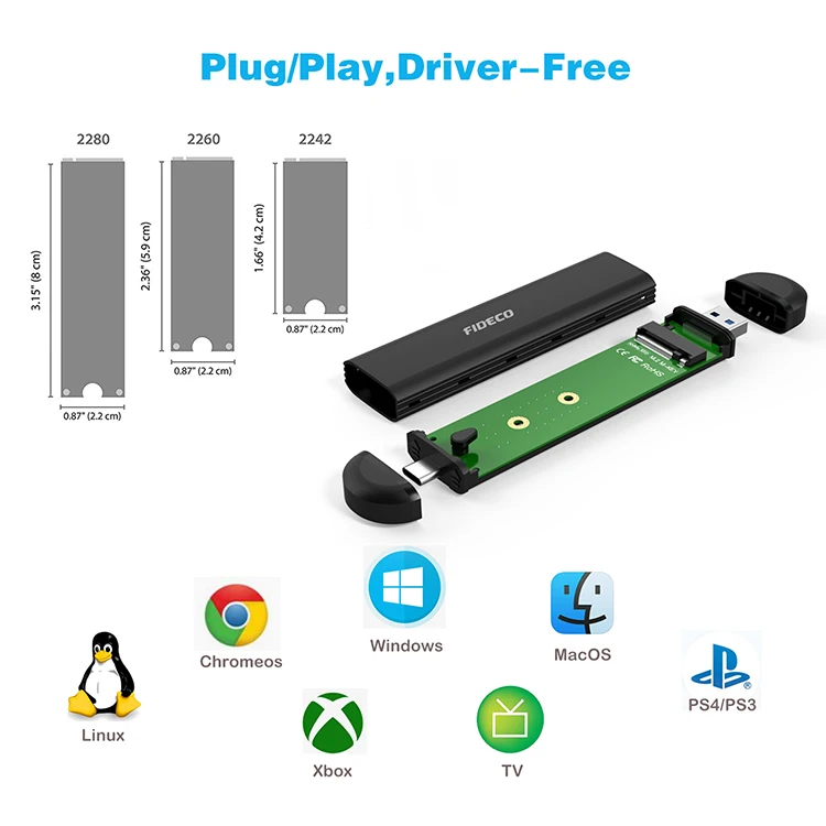 FIDECO External m2 Case Usb3.1 M.2 Ngff M-key Nvme pcie 2242 & B-key Sata Ssd Adapter