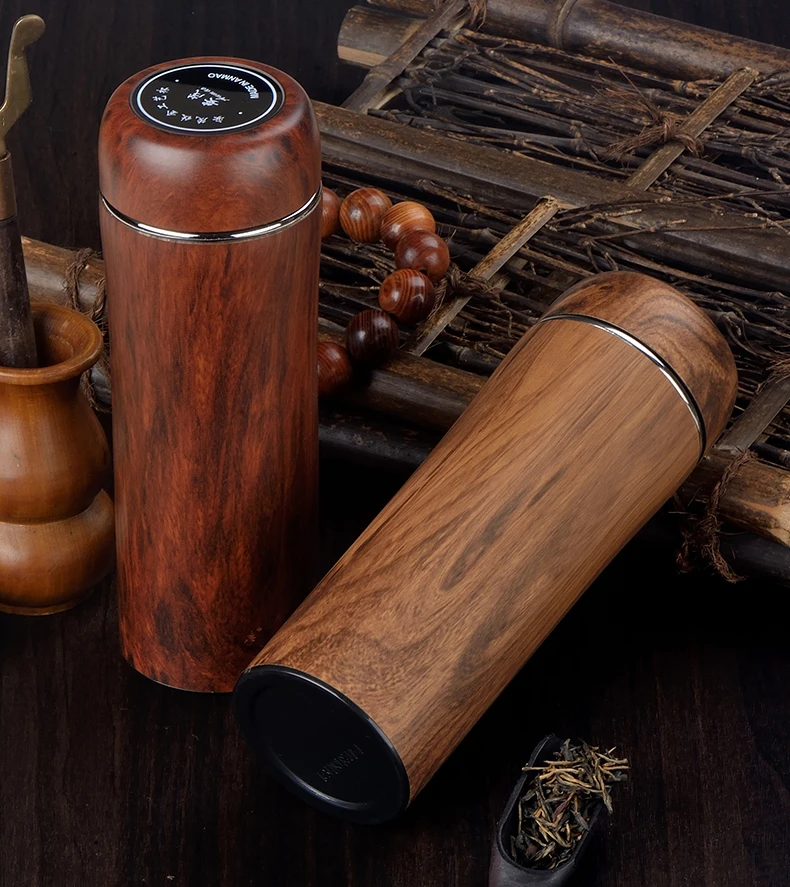 Customizable Wood Printing Clay Tumbler Coffee Cup Inner Clay Outer 304 Metal Thermos Double Wall TeaCup 280ML Vacuum Clay Flask