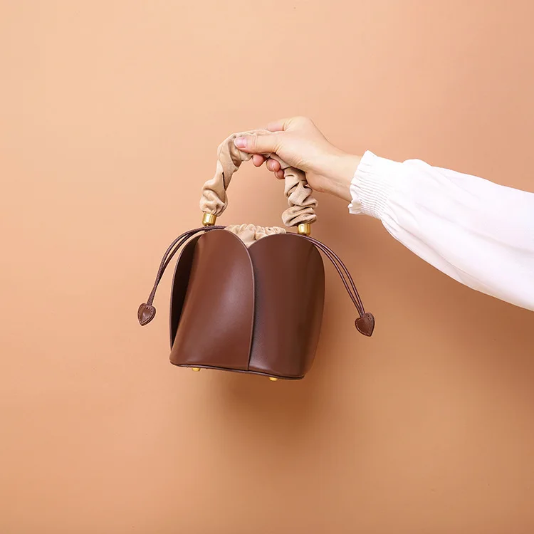 Customized Designer Luxury Flower Petal Bucket Bag Genuine Cowhide Leather Shoulder Handbags