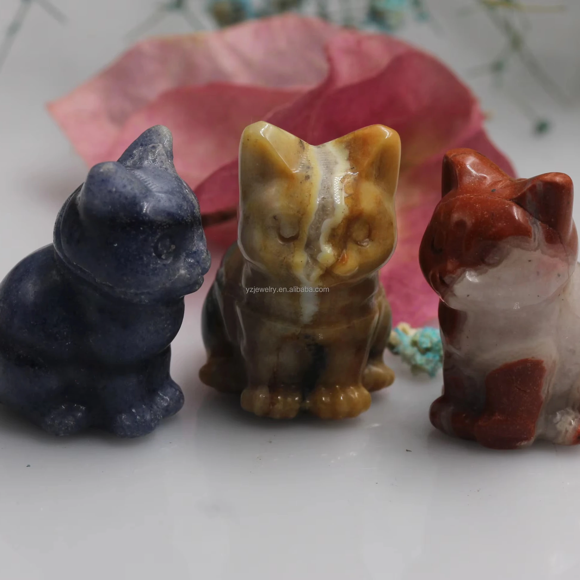 YZ Wholesale Carved lapiz white crystal Natural Stone Carved Crystal Kitty Cat rose quartz tiger eye Animal Figurines  Craft