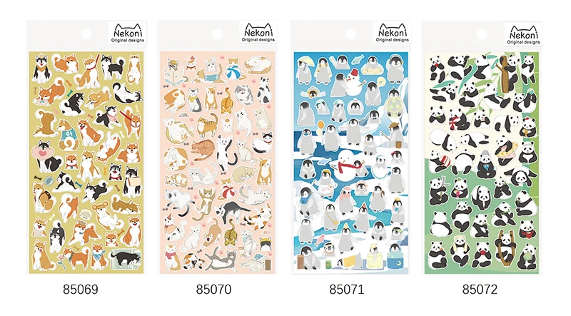 Nekoni PVC Animal Sticker Sheet Penguin Puppy Dog Cat Kitty Panda Puppy Stickers Decal Waterproof Scrapbooking Stickers