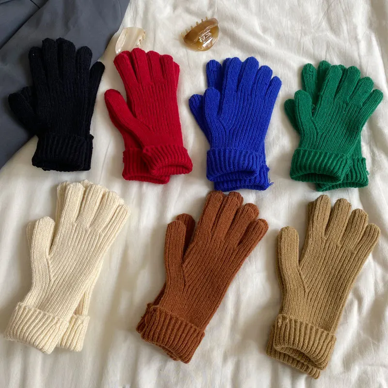 2023 вязаные длинные перчатки с пятью пальцами Осень-Зима сенсорный экран теплые однотонные перчатки оптом