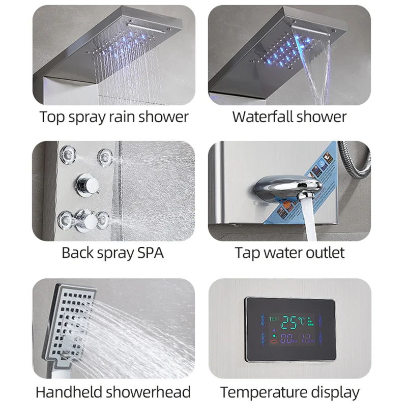 Hot Sell Bathroom Stainless Steel LED Waterfall Shower Panels Wall Mounted Black Shower Column