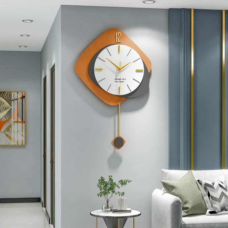Metal Pendulum clock modern light luxury wall clock with brass scale color MDF clock face