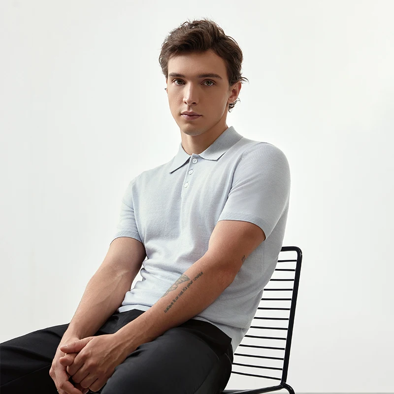 Wholesale Small Batch Business Lightweight Knitted Sweater Men Buttons Polo Collar 100% Wool Tops