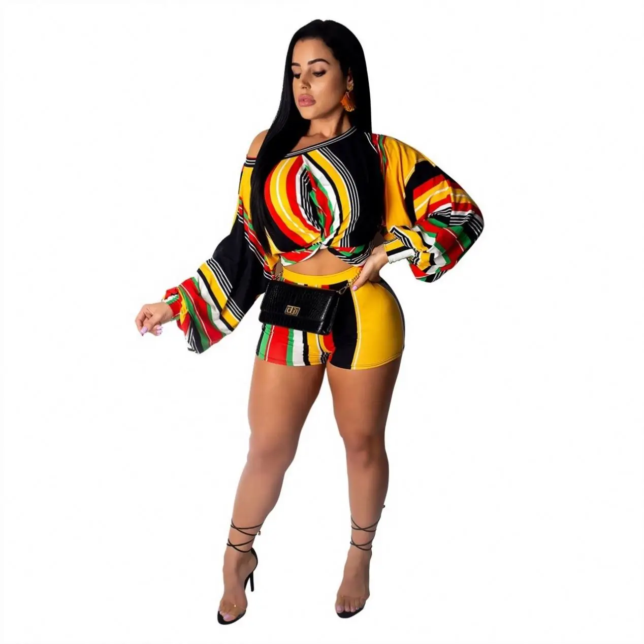 Wholesale Bohemian Puff Sleeve Casual Fashion Stripe Long Sleeve Multicolor Straight Nightclub Party Two Piece Short Set