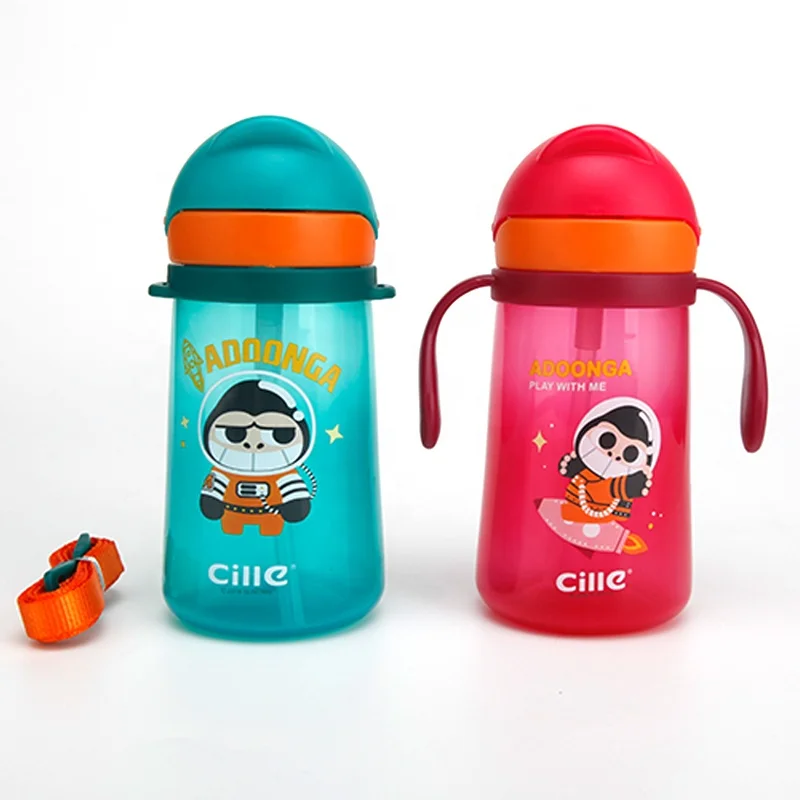 Cille 420ml таможня мультфильм дорожная сумка с защитой от протекания, пластик без добавления бисфенола А детская питьевая бутылка для воды с трубочкой