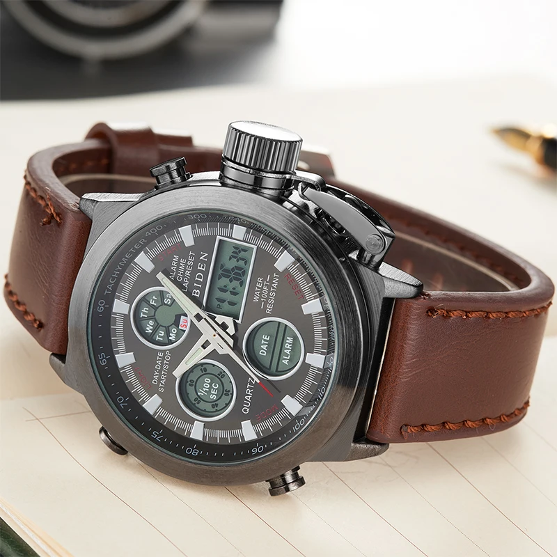 BIDEN Digital Watch Fashion Men Electronic Leather Watches LED Display Quartz Dual Movement Wristwatches