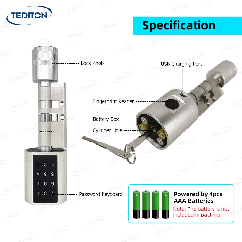Tediton CE Certification Safety Electric Tuya APP Fingerprint Smart Euro Cylinder Locks