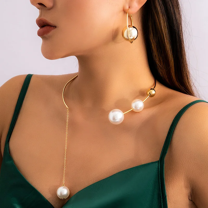 Simple Geometric Personality round Bead Clavicle Chain Necklace Open Collar Imitation Pearl for Wedding Stainless Steel Jewelry