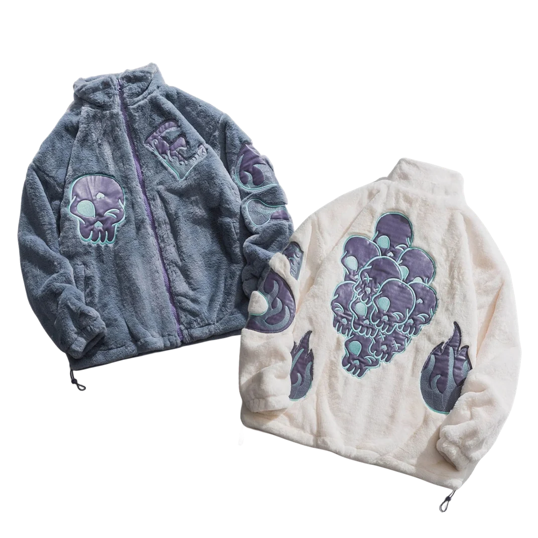 Custom Design Embroidery Logo Sherpa Hoodie Unisex Jacket Skull Embroidery Sherpa Winter Coat Oversized Zip Up Jacket