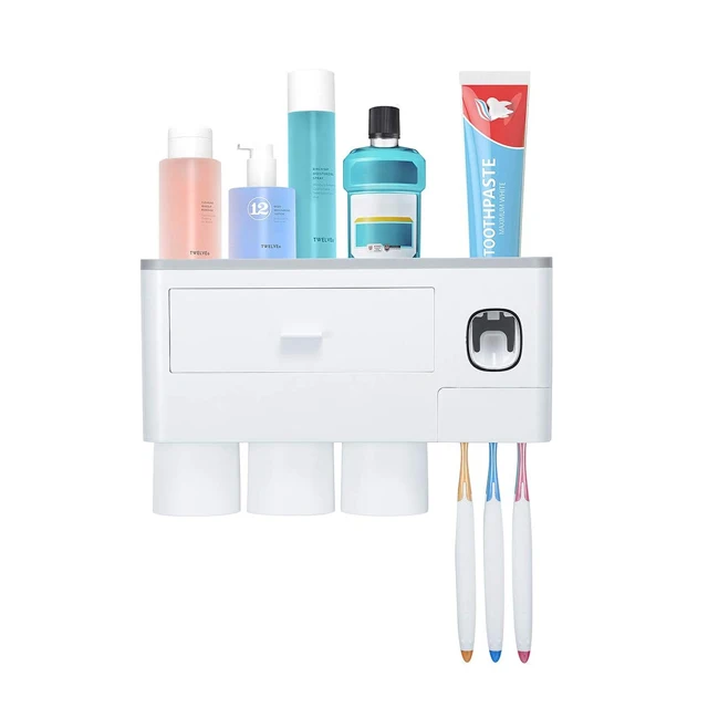 Intelligent 3-Cup Wall-Mounted Toothbrush Holder for Household Sustainable Plastic Toothpaste Extruder for Bathroom Use