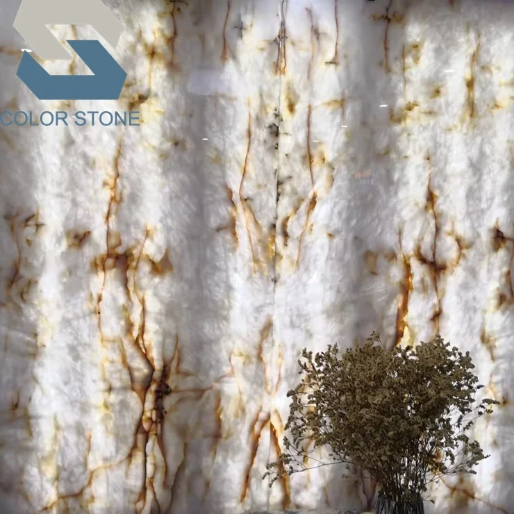 Backlit Translucent Stone Cristallo Gold Quartzite Slabs Background Wall Panels White Crystal Gold Veins Quartzite