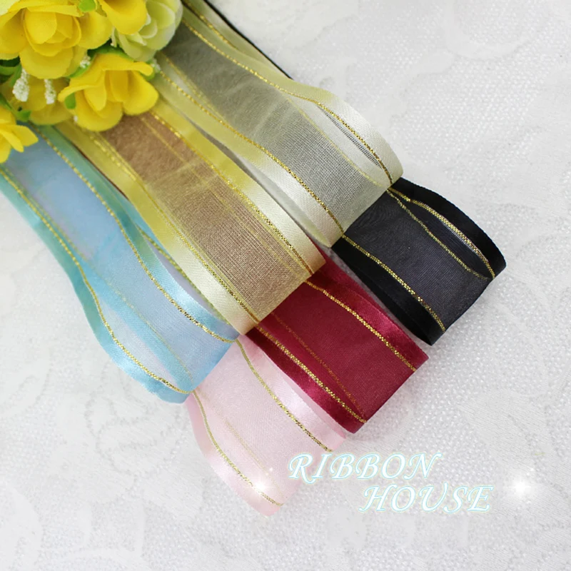(10Yards/lot)  25mm White broadside gold edge organza ribbon wholesale gift wrapping decoration ribbons lace fabric wholesale