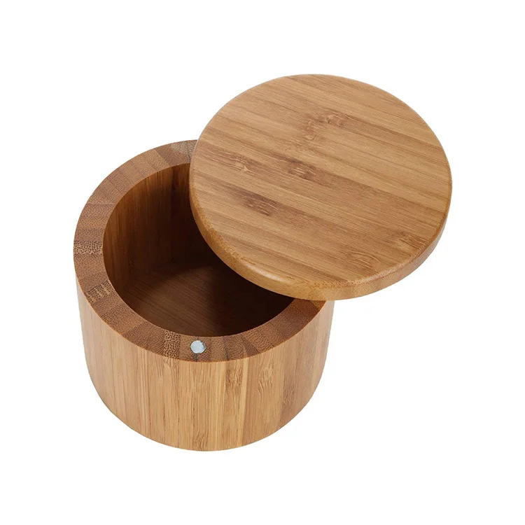 Bamboo Seasoning Jar Salt Box With Magnetic Suction Rotating Lid Spice Kitchen