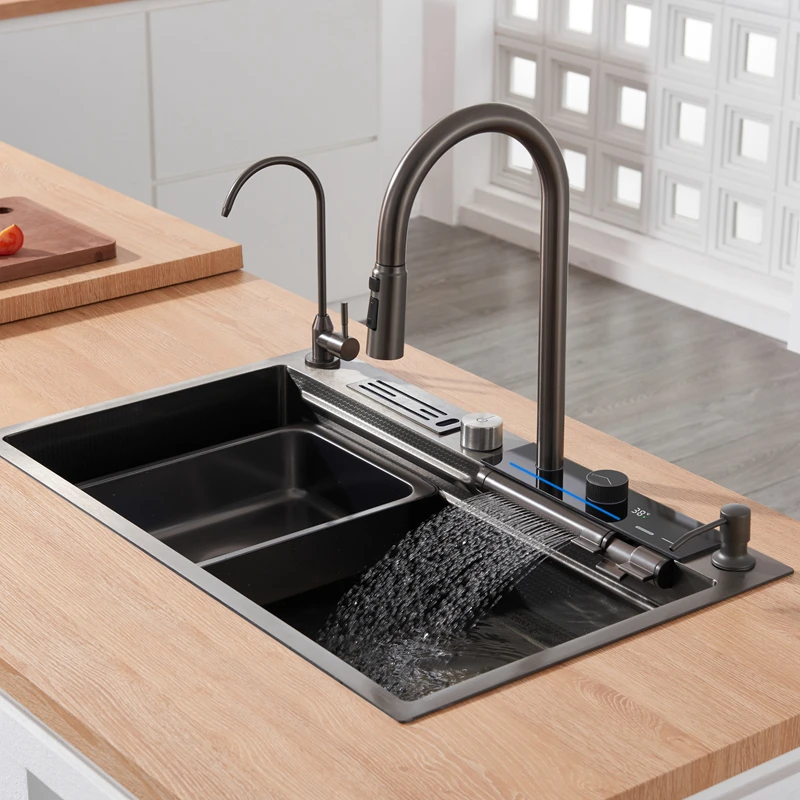 Kitchen Sinks 304 Stainless Steel Farmhouse Sink Modern Waterfall Rainfall Single Bowl Kitchen Sink Set Black