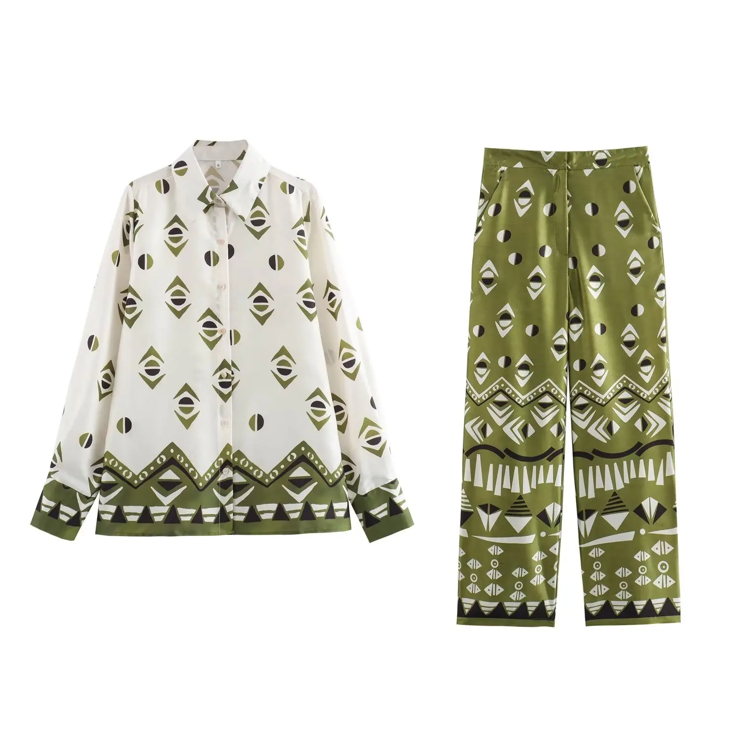 PB&ZA Women 2024 summer New Fashion Silk satin texture print Blouses Vintage Long Sleeve Female Shirts Chic Tops