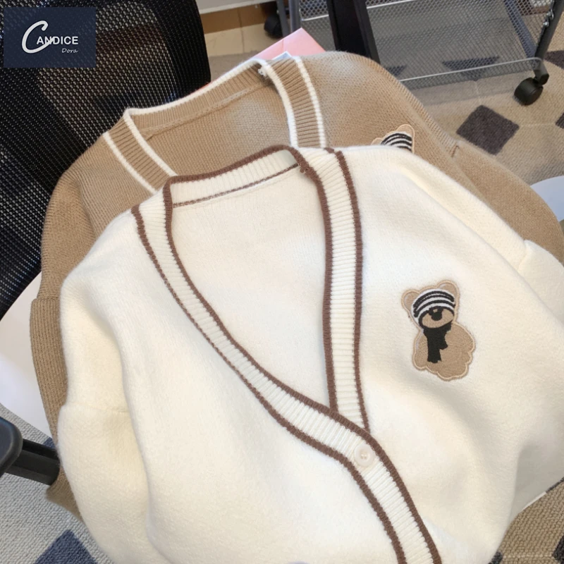 Candice 2023 fall Cardigan cartoon v neck jacquard embroidery cute knitted sweaters women