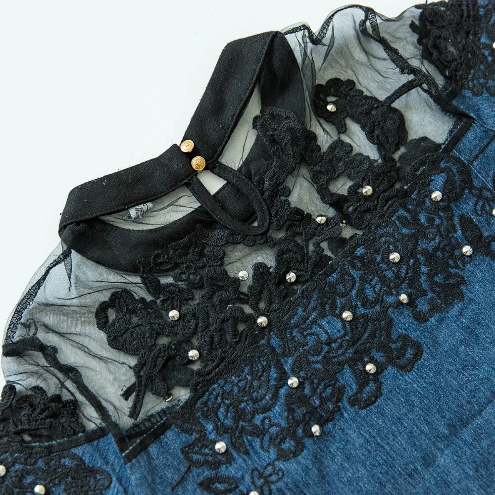 Plus Size S-4XL Embroidery Patchwork Lace Denim Dress Women Short Sleeve A-line Jeans Dresses D9N101B