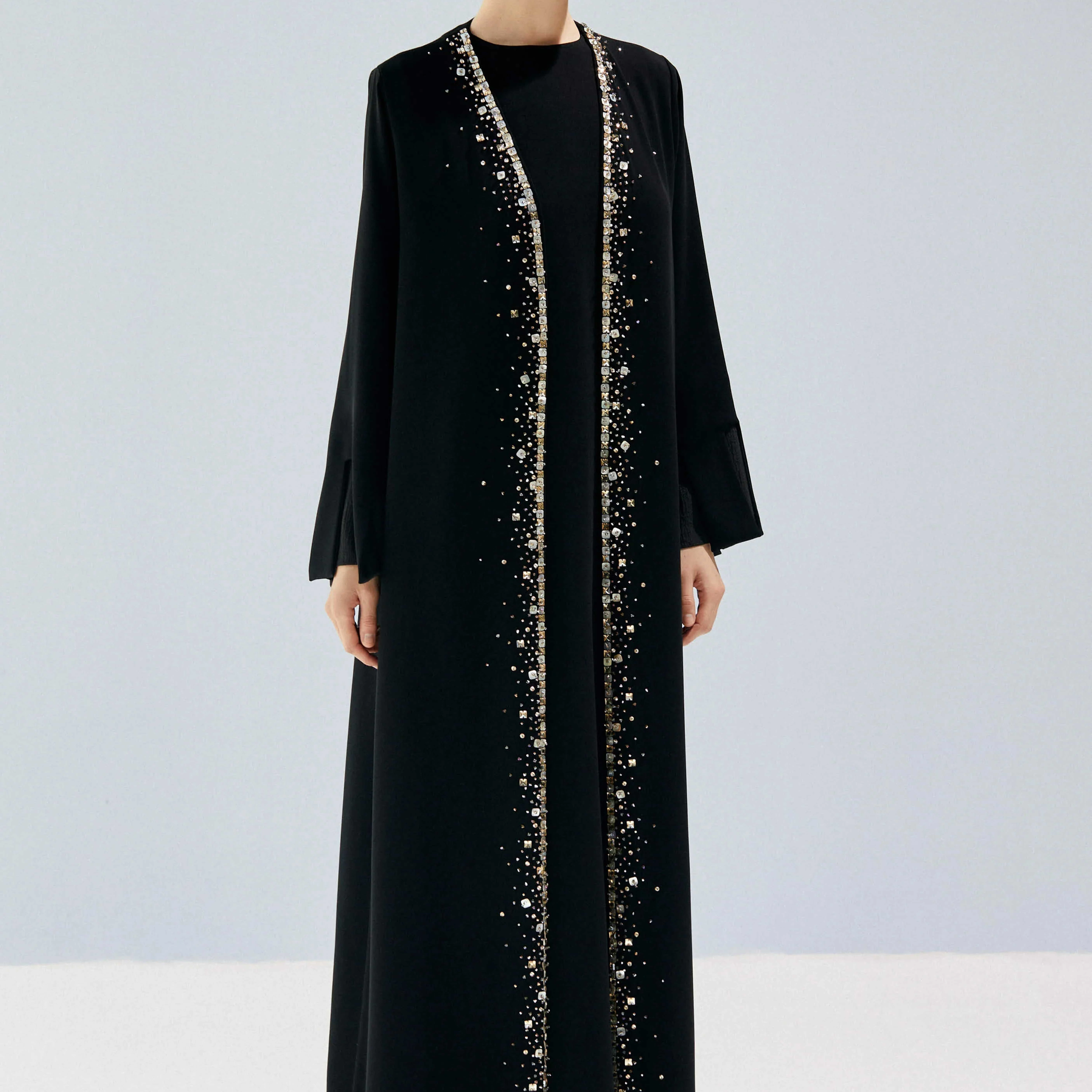 U.Chic Luxury Abaya O-Neck Fold Design Long sleeve Dress Women Slim Waist Rhinestone Beading Sequin Muslim Clothing Dubai Abaya