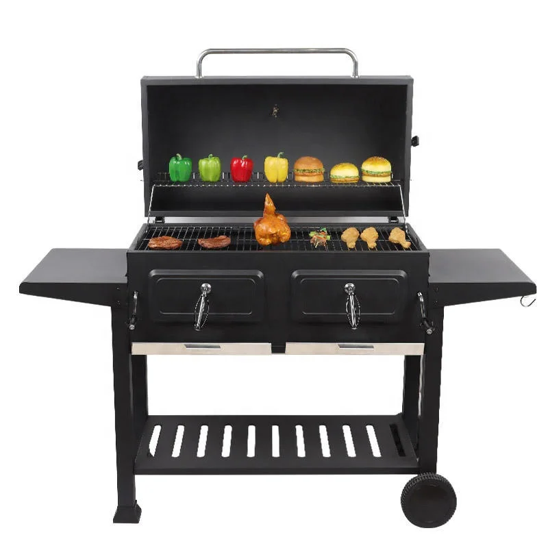 Outdoor Bbq Wood Pellet Grills Large Duty Charcoal Bbq Grill Trolley Smoker Barbecue Grill With Foldable Double Side Table