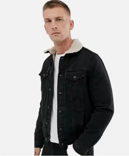 Wholesale new design borg collar Button placket washed black borg lined men denim jacket with fur collar for men