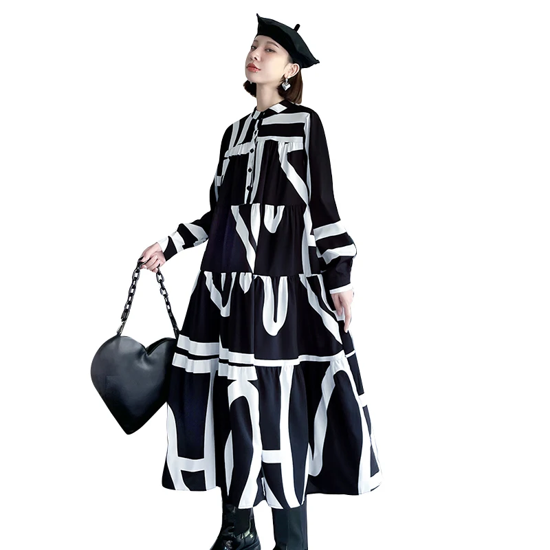 ONEINALL Stand Collar Long Sleeve Ankle Length Print Colorblock Loose Oversized Dresses