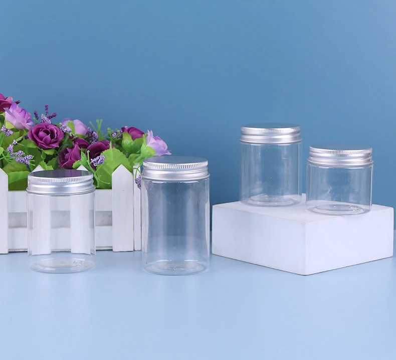 wholesale food grade clear Transparent wide mouth food body butter lips cosmetic containers plastic PET jar with aluminum Lid