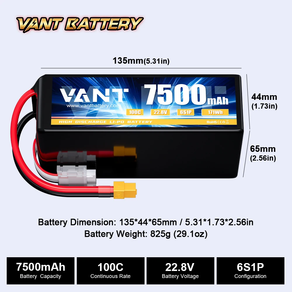 Vant 6S drone battery XT60 FPV lipo drone battery 7500mah 22.8V 100C 6S for FPV frame 7/8/10inch fpv battery