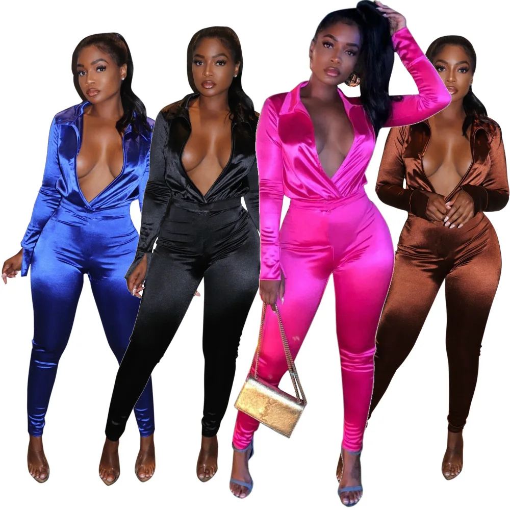 Женский однотонный брючный костюм, элегантный пикантный комбинезон из блузки с глубоким V-образным вырезом и брюк-карандаш, комплект из двух предметов, осень 2021