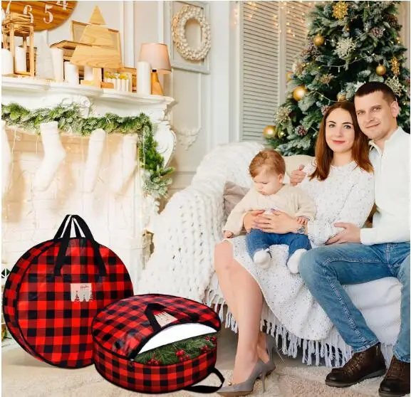 Round Buffalo Plaid Wreath Storage Bag Waterproof Christmas Tree Container