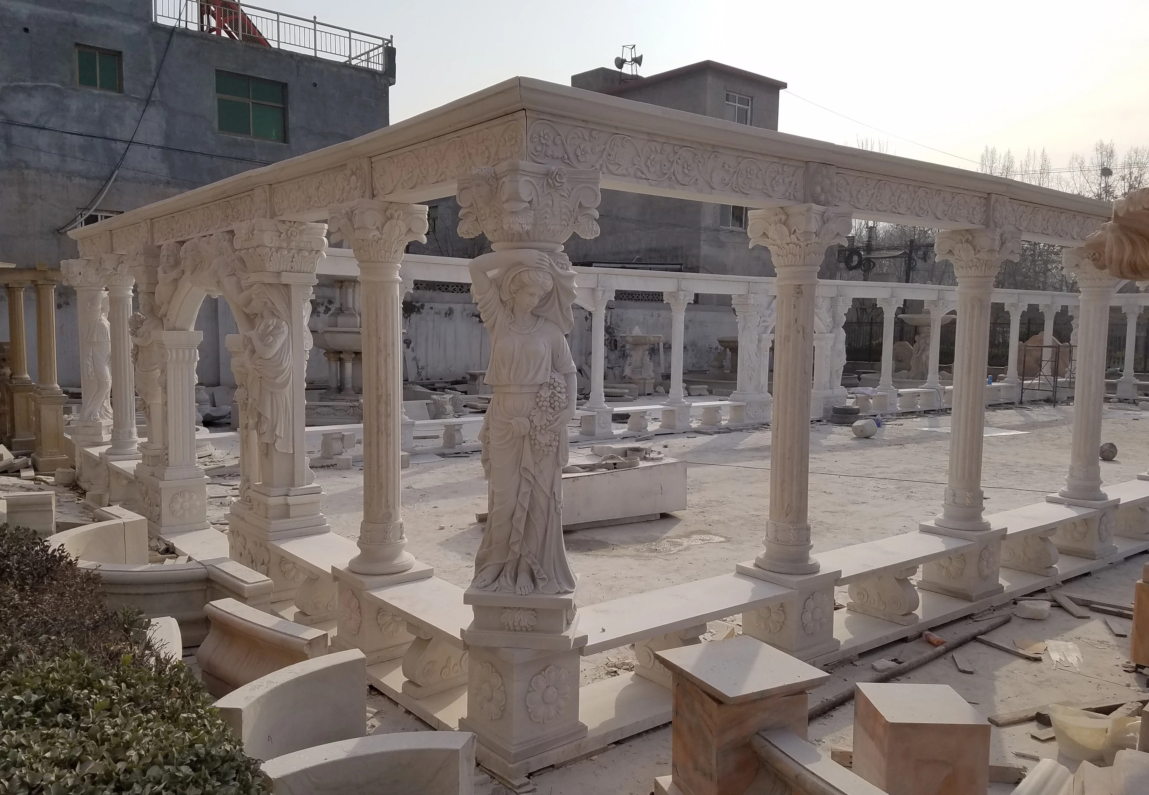 Custom outdoor garden big natural stone carving white marble gazebo with metal roof NTMG-280S
