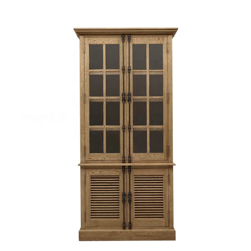 American Rural RH Solid Wood Vintage Restaurant Tableware Cabinet Glass Door Porcelain Cabinet