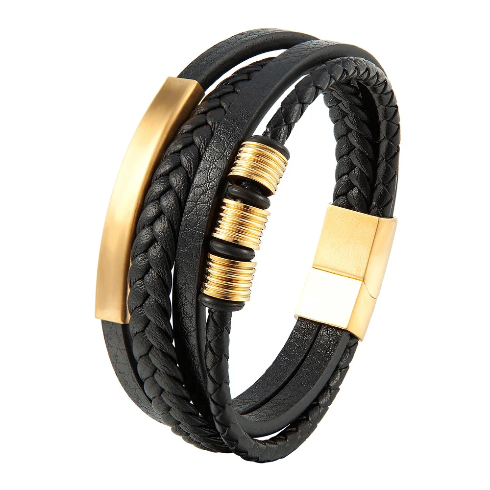 Fashion Multi Layer Woven Bracelet Gold And Black IP Plated Stainless Steel 316L Leather Bracelets For Men