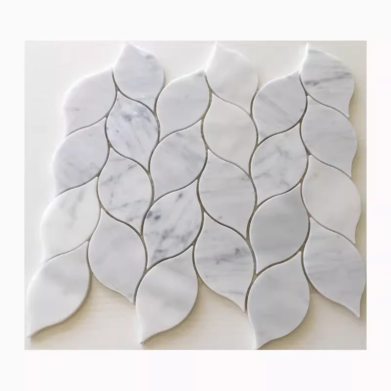 White marble mosaic tile waterjet marble willow leaf stone mosaic bianco carrarra with grey dots inlay bath tiles wall