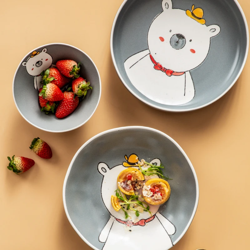White Bear Cartoon Children Porcelain Bowl Tableware Cereal Crockery Salad Fruit Serving Ceramic Bowls