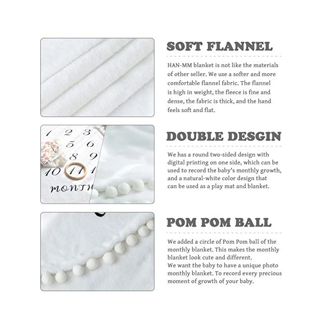 
Hot sale customized kids soft thick flannel round rug double sided photography props months baby milestone blanket 