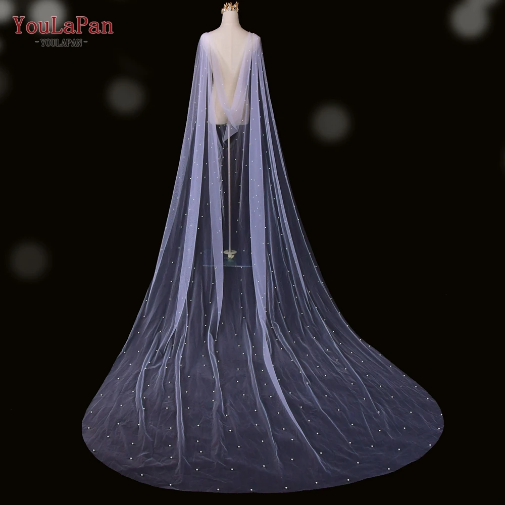 YouLaPan VG41-YP Fashion Dress Accessories Pearl Strewn 3M Long Trailing Cape Detachable Evening Wedding Party Dress Bolero