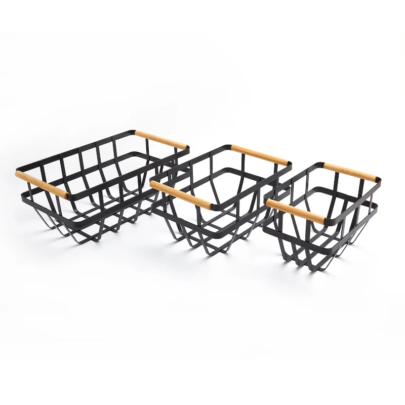Different sizes black iron decorative metal wire bamboo handle storage baskets for home